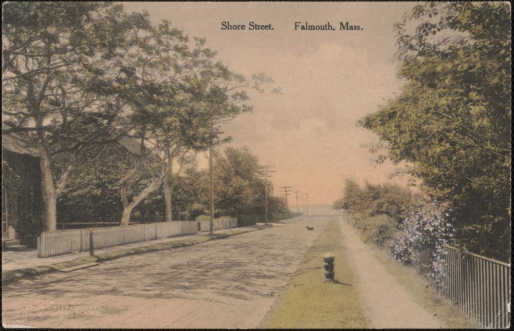 Historic postcard of Shore Street, Falmouth, looking towards the ocean.